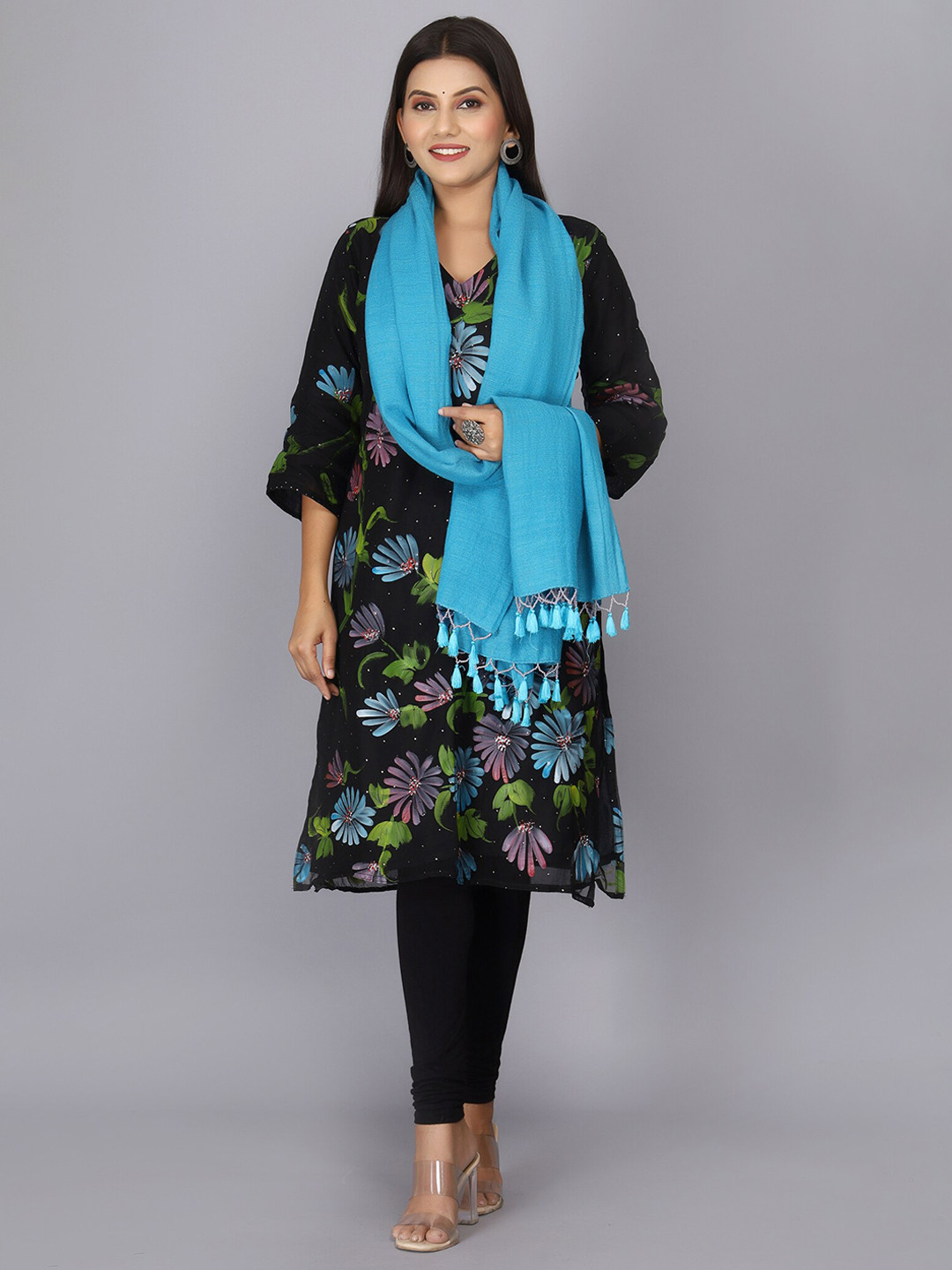 

Geroo Jaipur Pure Wool Tasselled Shawl, Blue