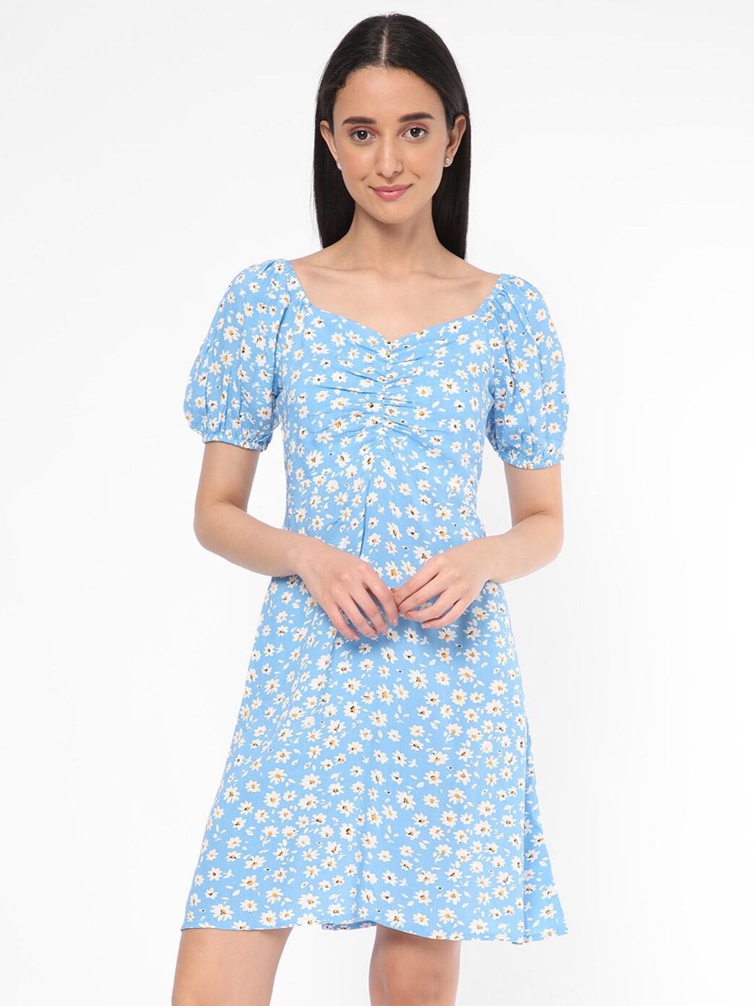 

R&B Floral Printed Ruched Empire Dress, Blue