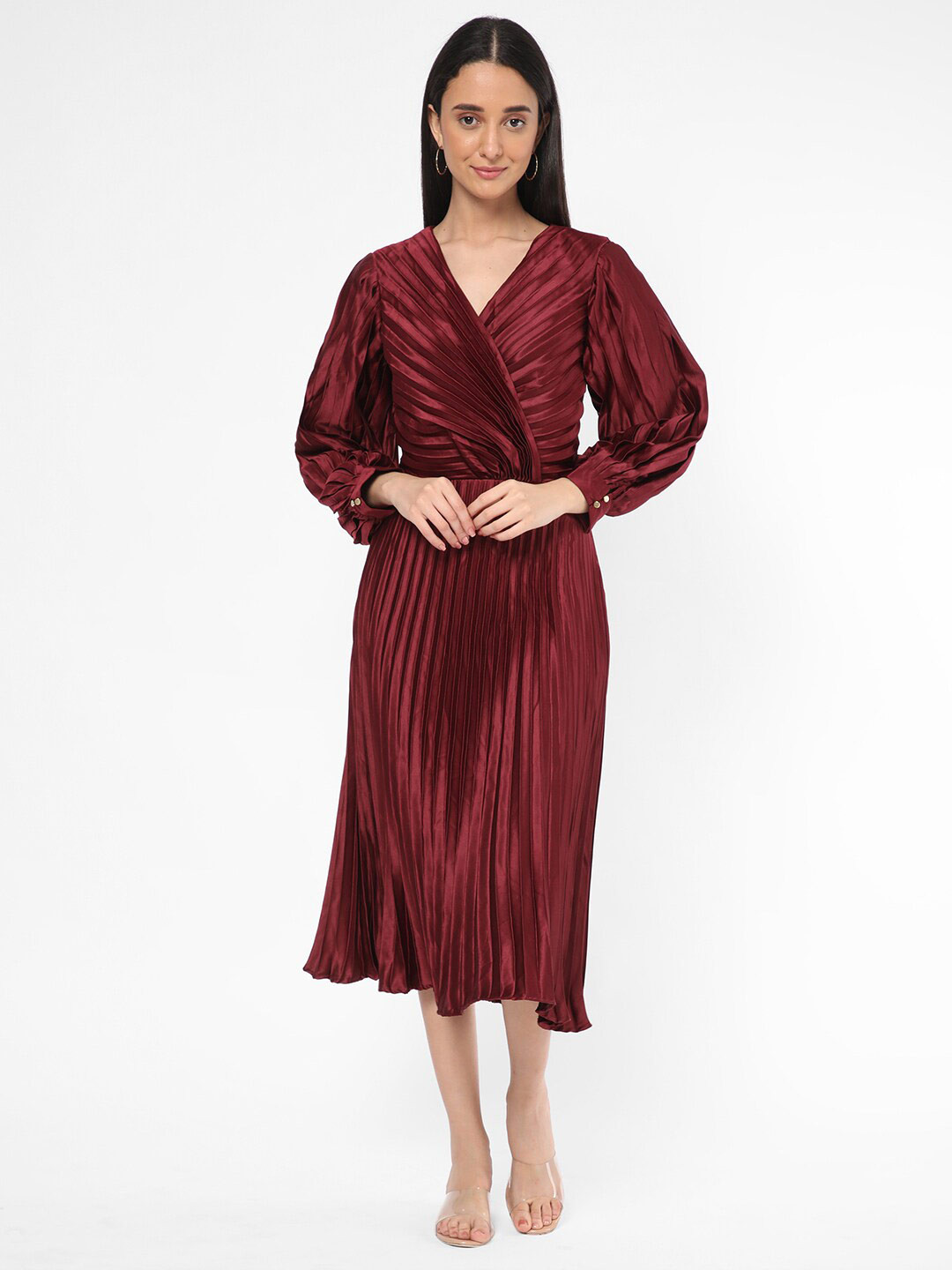 

R&B V-Neck Accordion Pleats Fit & Flare Midi Dress, Maroon