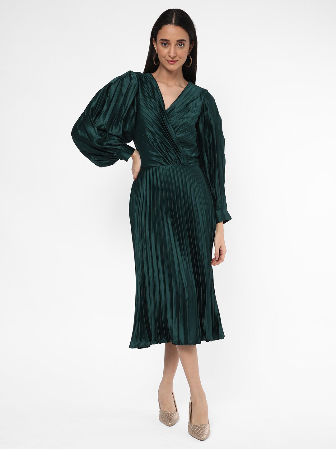 

R&B V-Neck Accordion Pleats Fit & Flare Midi Dress, Green