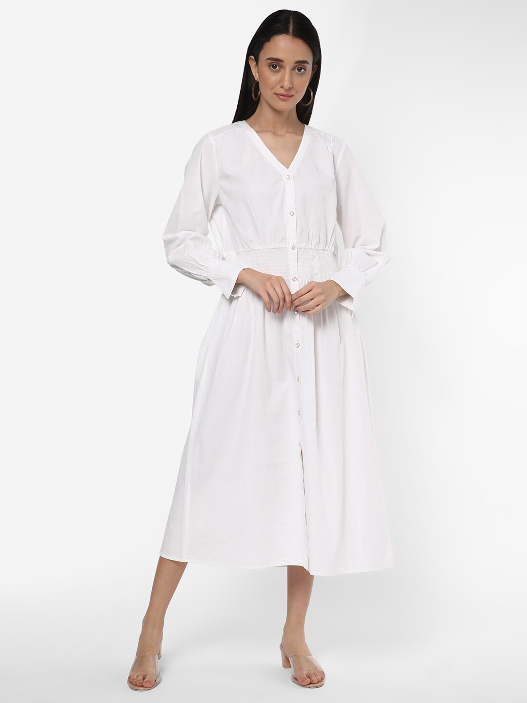 

R&B V-Neck Smocked Shirt Midi Dress, White