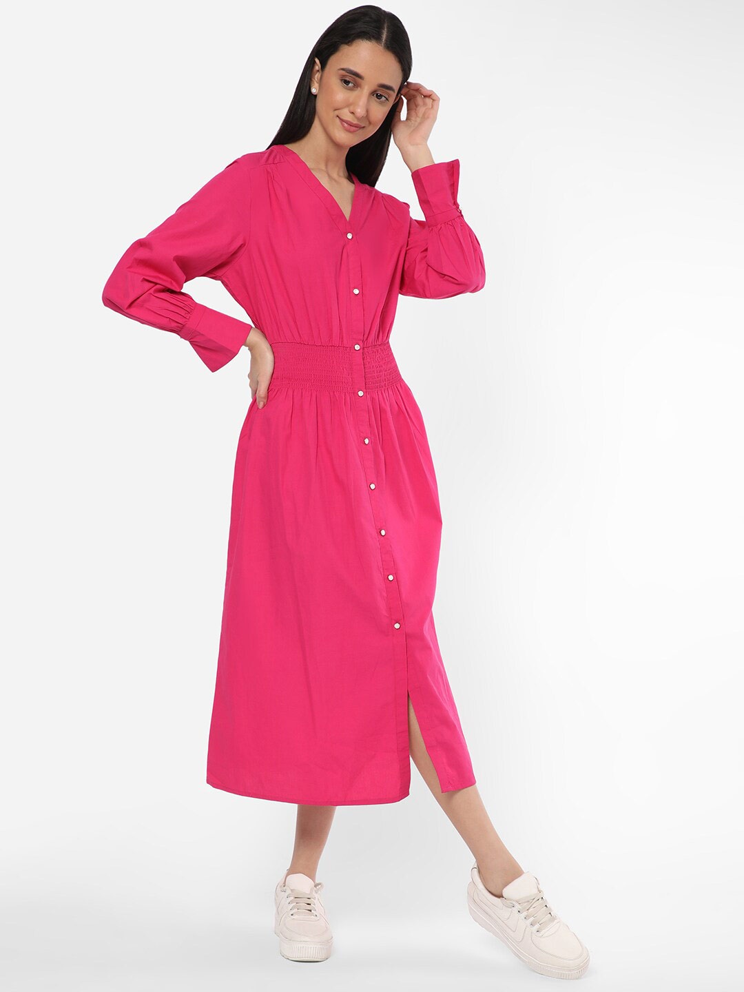 

R&B V-Neck Smocked Cotton Shirt Midi Dress, Pink