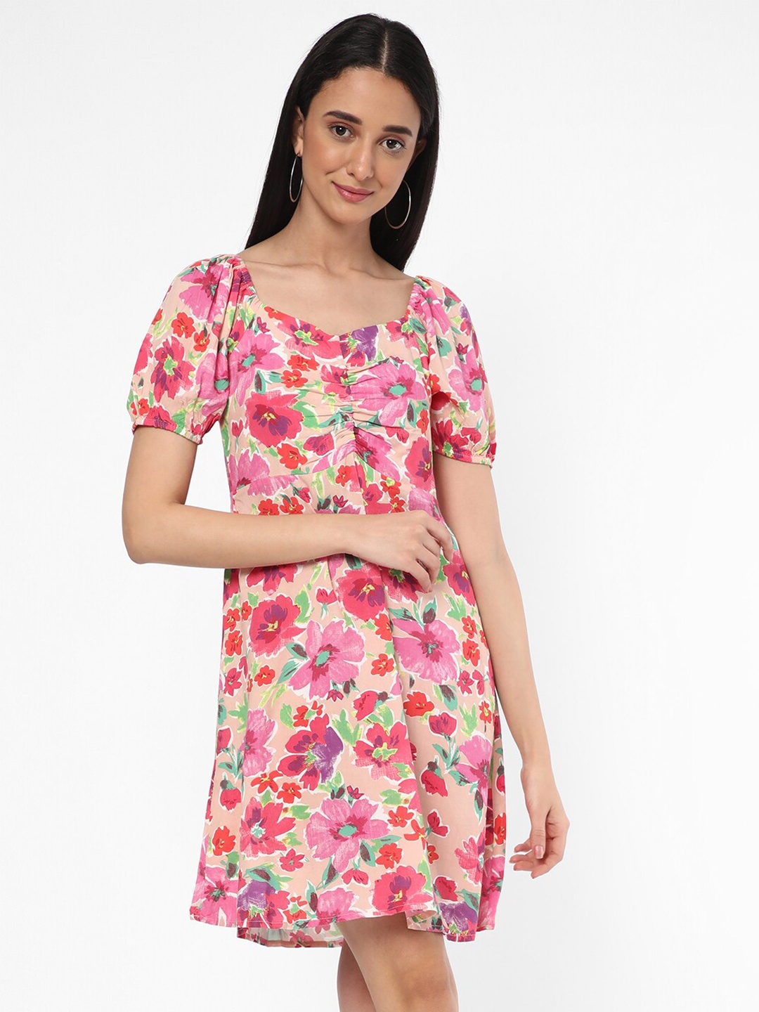

R&B Floral Printed Ruched Empire Dress, Peach