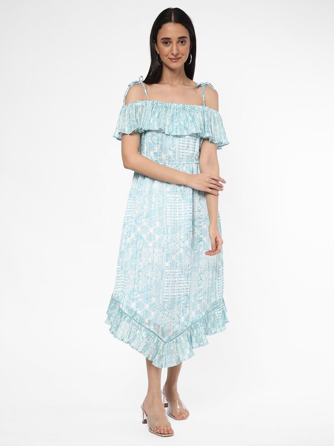 

R&B Floral Printed Asymmetric Fit & Flare Midi Dress, Blue