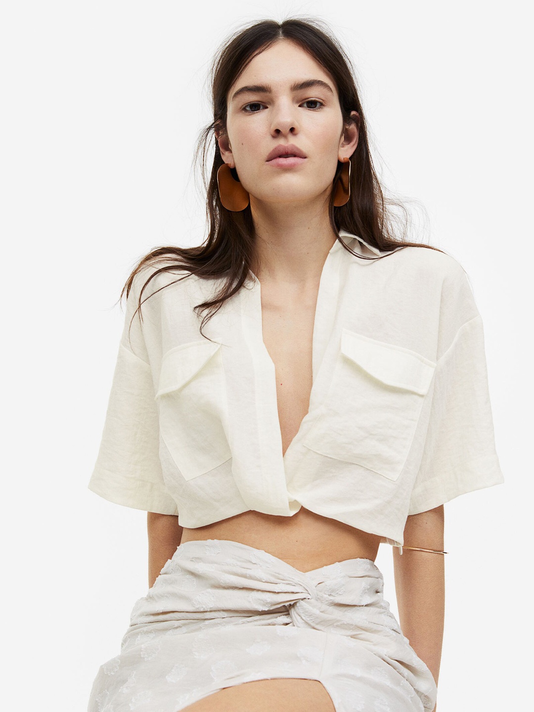 

H&M Women Knot-Detail Cropped Shirt, Off white