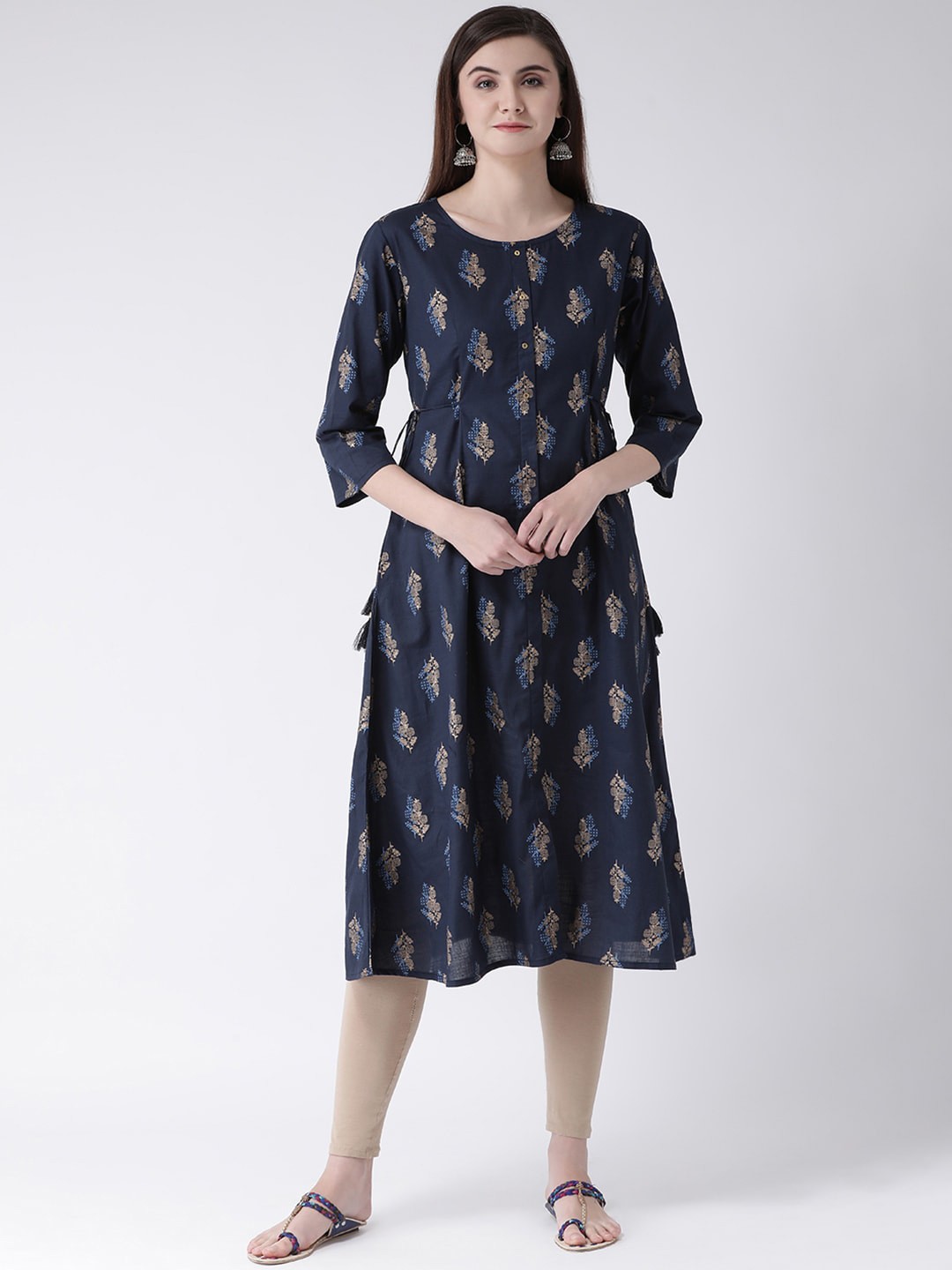 

Span Ethnic Motifs Printed Pure Cotton A-Line Kurta, Navy blue