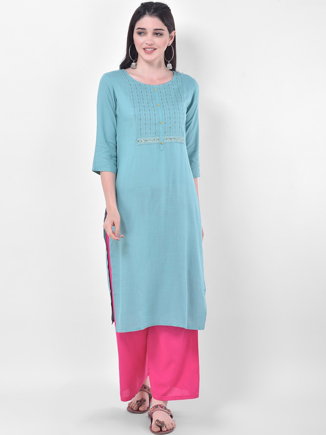 

Span Ethnic Motif Printed Sequinned Pure Cotton Straight Kurta, Blue
