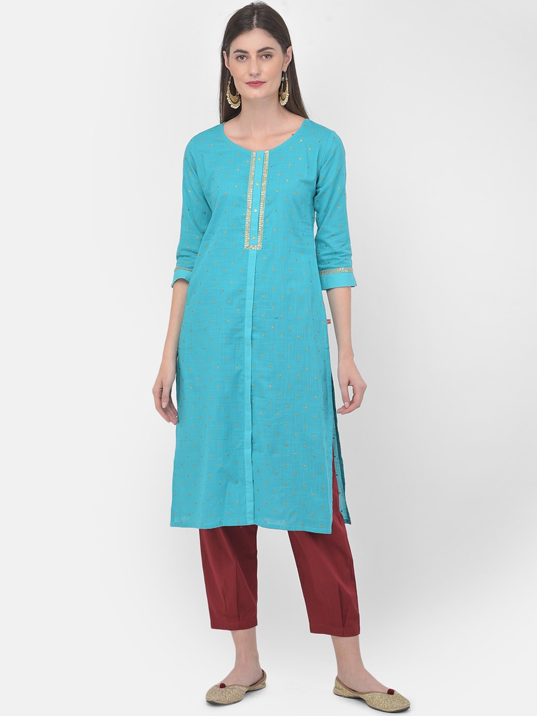 

Span Ethnic Motifs Printed Sequined Paneled Foil Print Straight Kurta, Blue