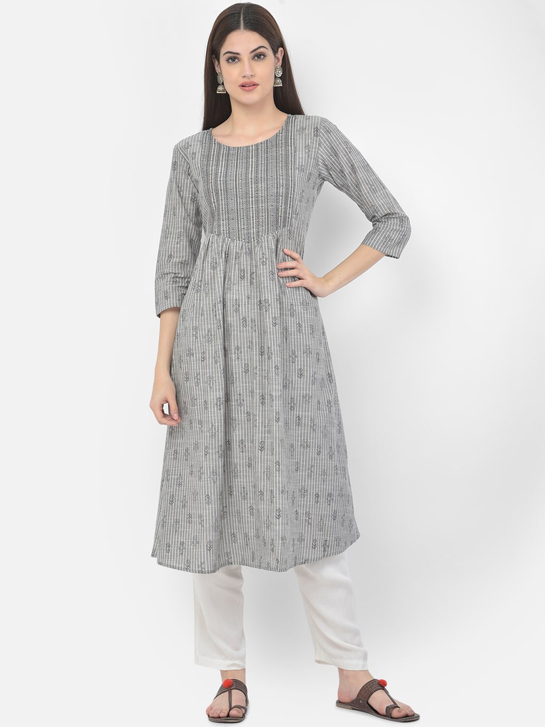

Span Ethnic Motifs Embroidered Thread Work Pure Cotton A-Line Kurta, Grey