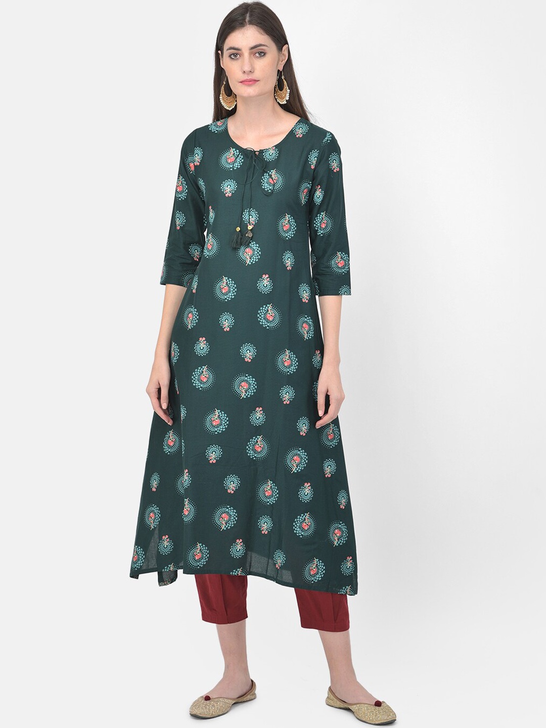 

Span Ethnic Motifs Printed Tie Up Neck Pure Cotton A-Line Kurta, Green