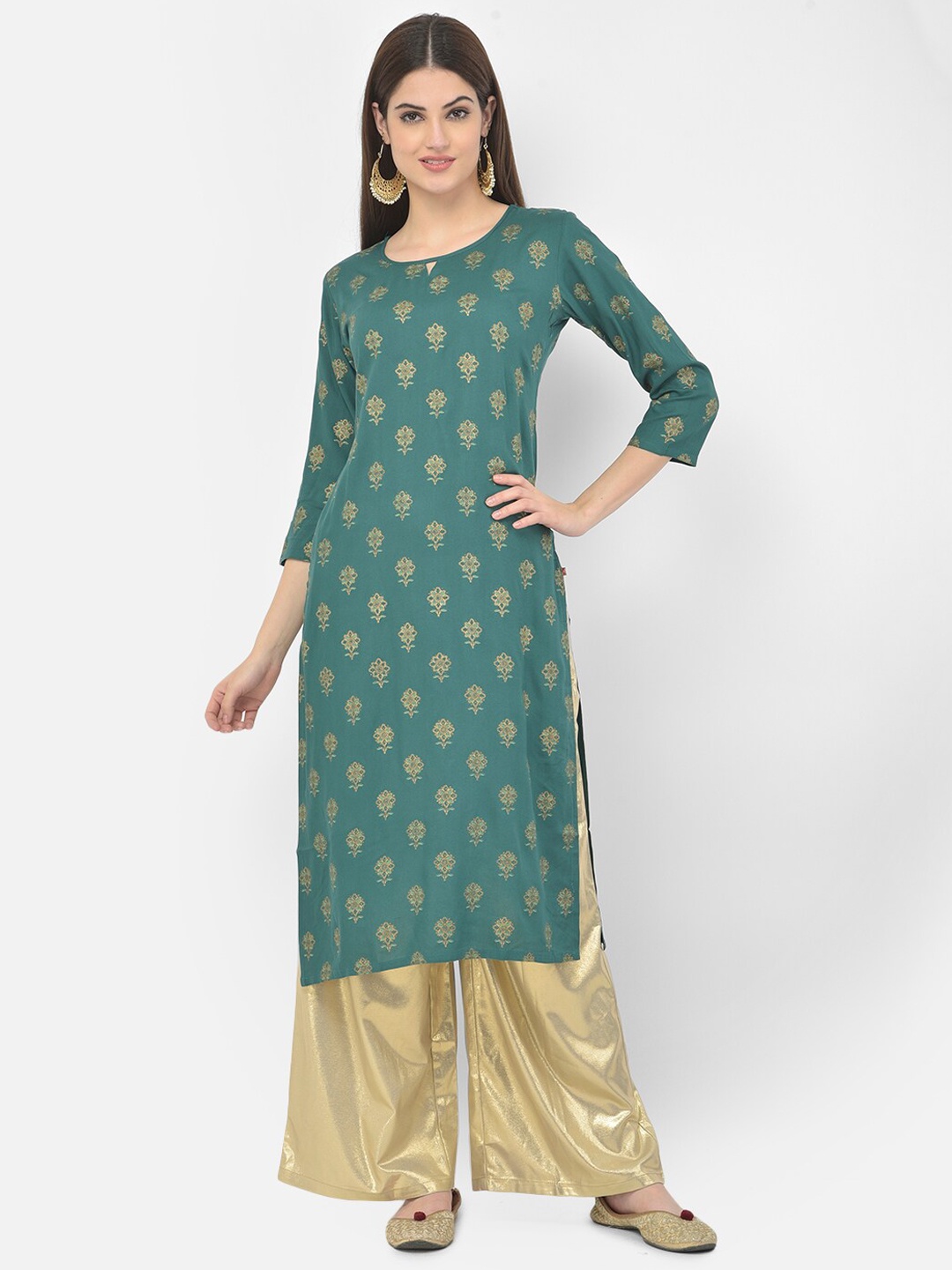 

Span Floral Printed Cotton Silk Straight Kurta, Green
