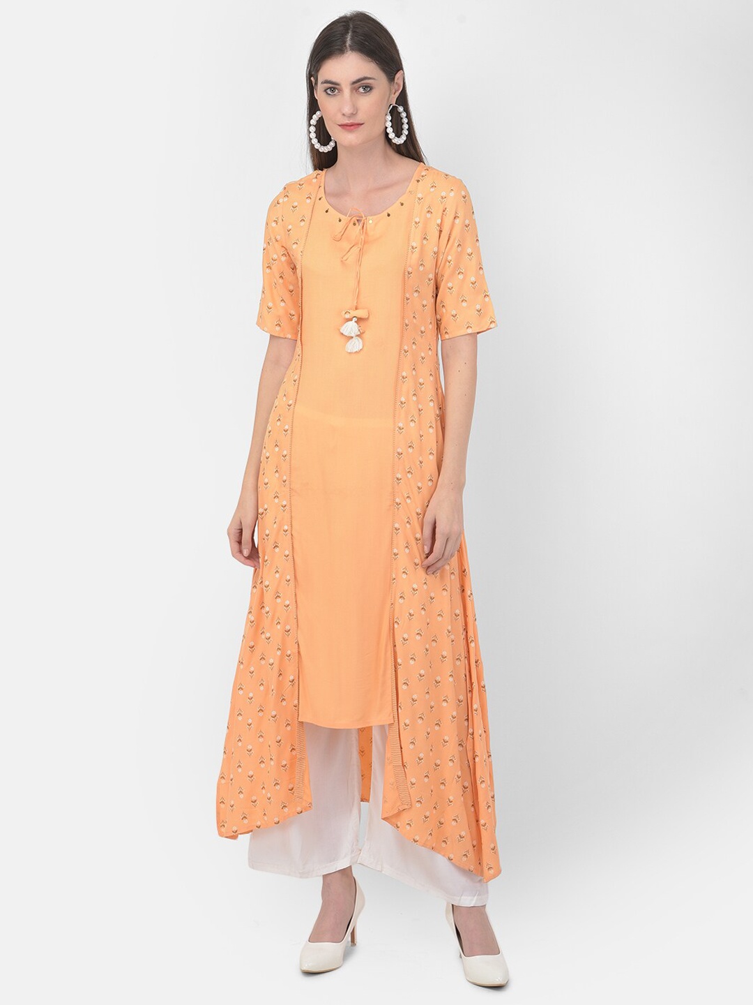 

Span Floral Printed Tie-Up Neck Panelled Asymmetric Cotton A-Line Kurta, Mustard