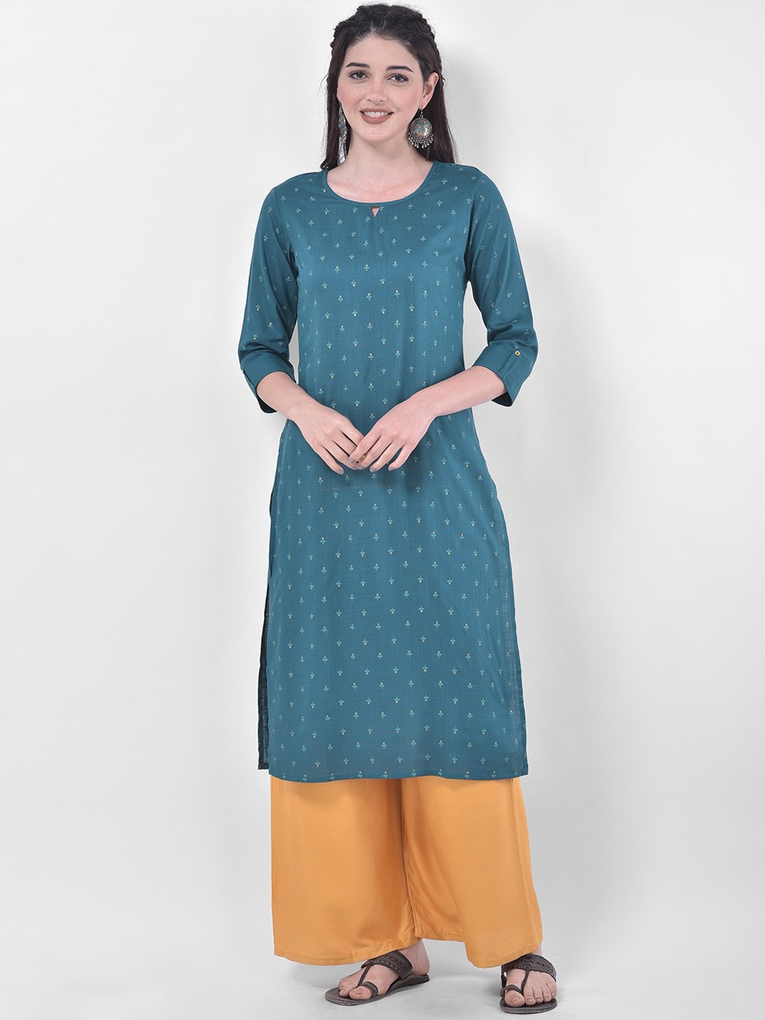 

Span Ethnic Motifs Printed Keyhole Neck Pure Cotton Straight Kurta, Teal