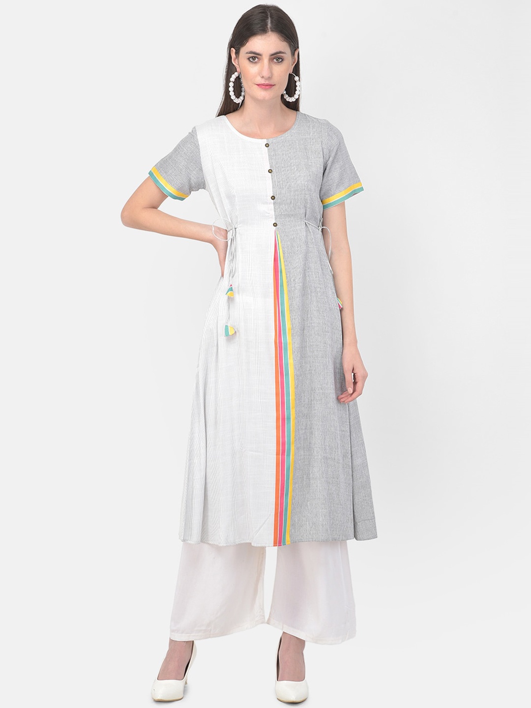 

Span Striped Pleated A-Line Cotton Kurta, White
