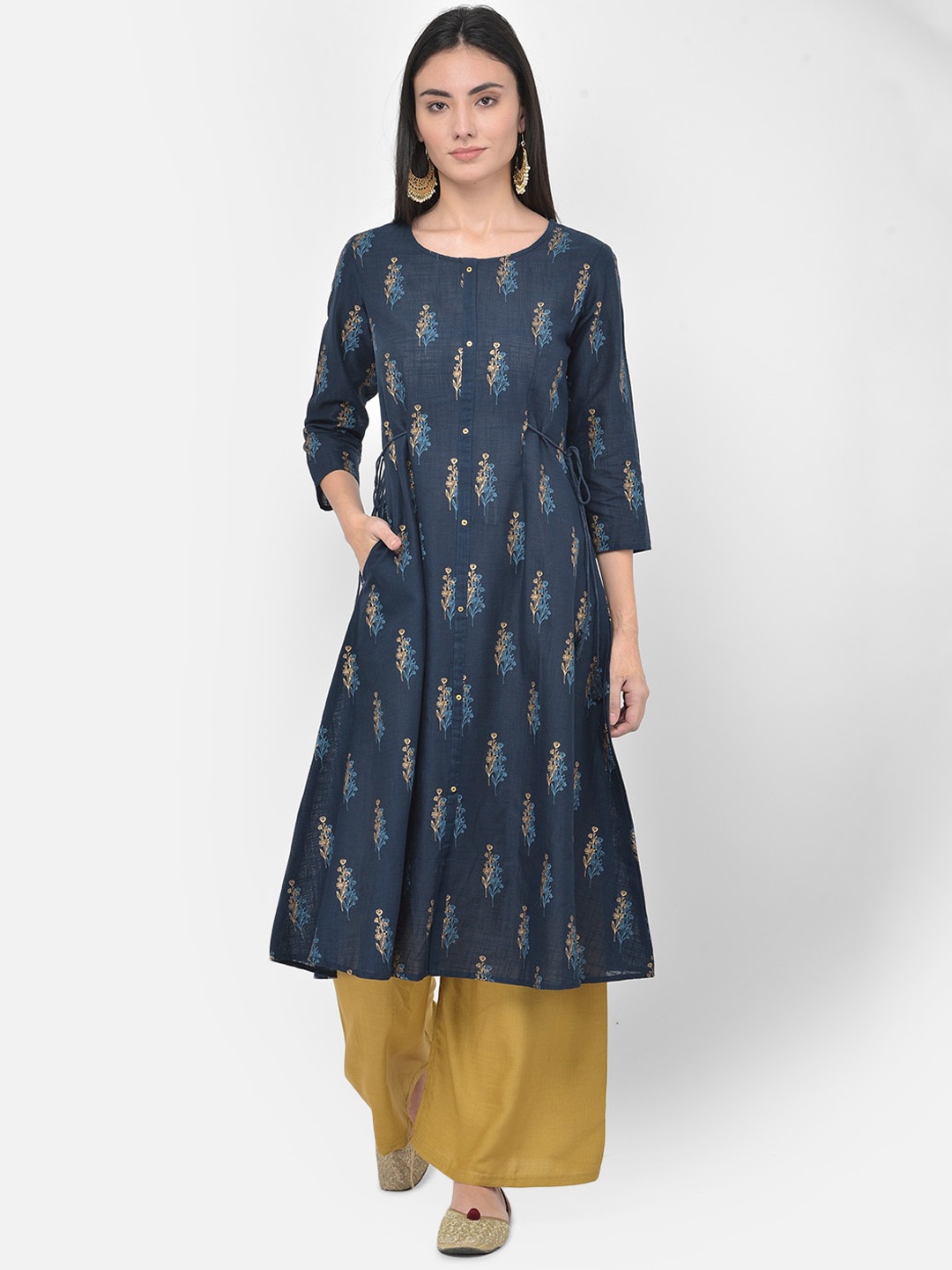 

Span Ethnic Motifs Printed A-Line Cotton Kurta, Blue