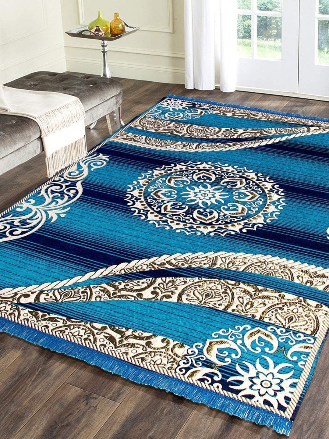 

Bajo's Blue & Navy Blue Ethnic Motifs Printed Anti-Skid Chenille Carpet