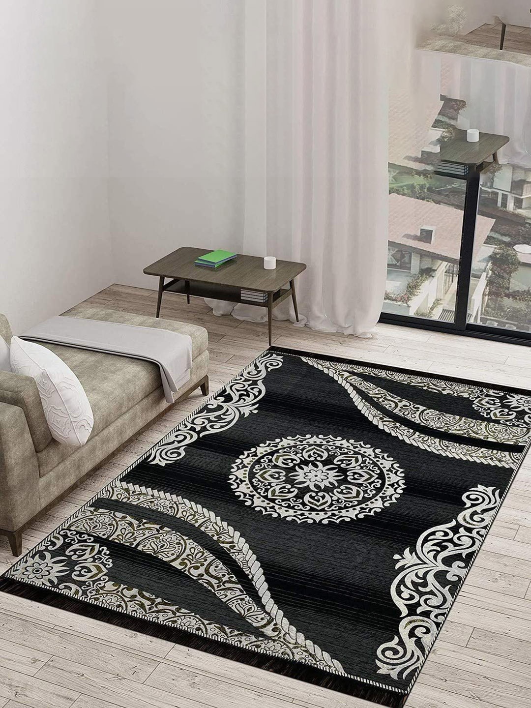

Bajo's Black & Grey Ethnic Motifs Printed Anti-Skid Chenille Carpet