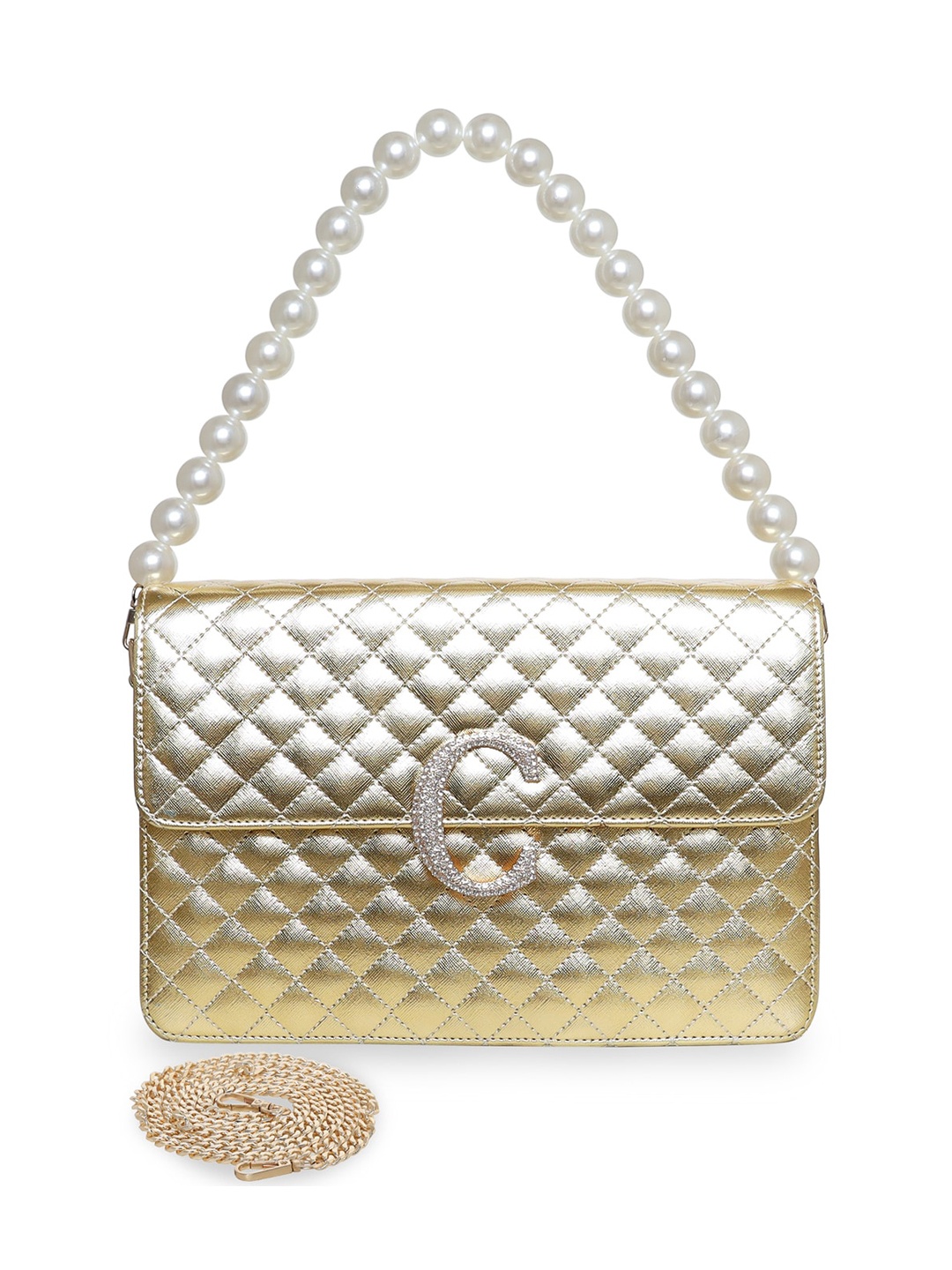 

ESBEDA Textured Embellished Structured Handheld Bag With Quilted, Gold