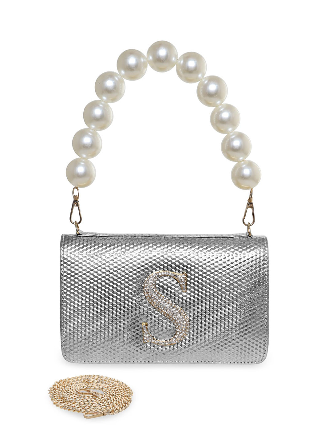 

ESBEDA Textured Embellished Structured Sling Bag, Silver