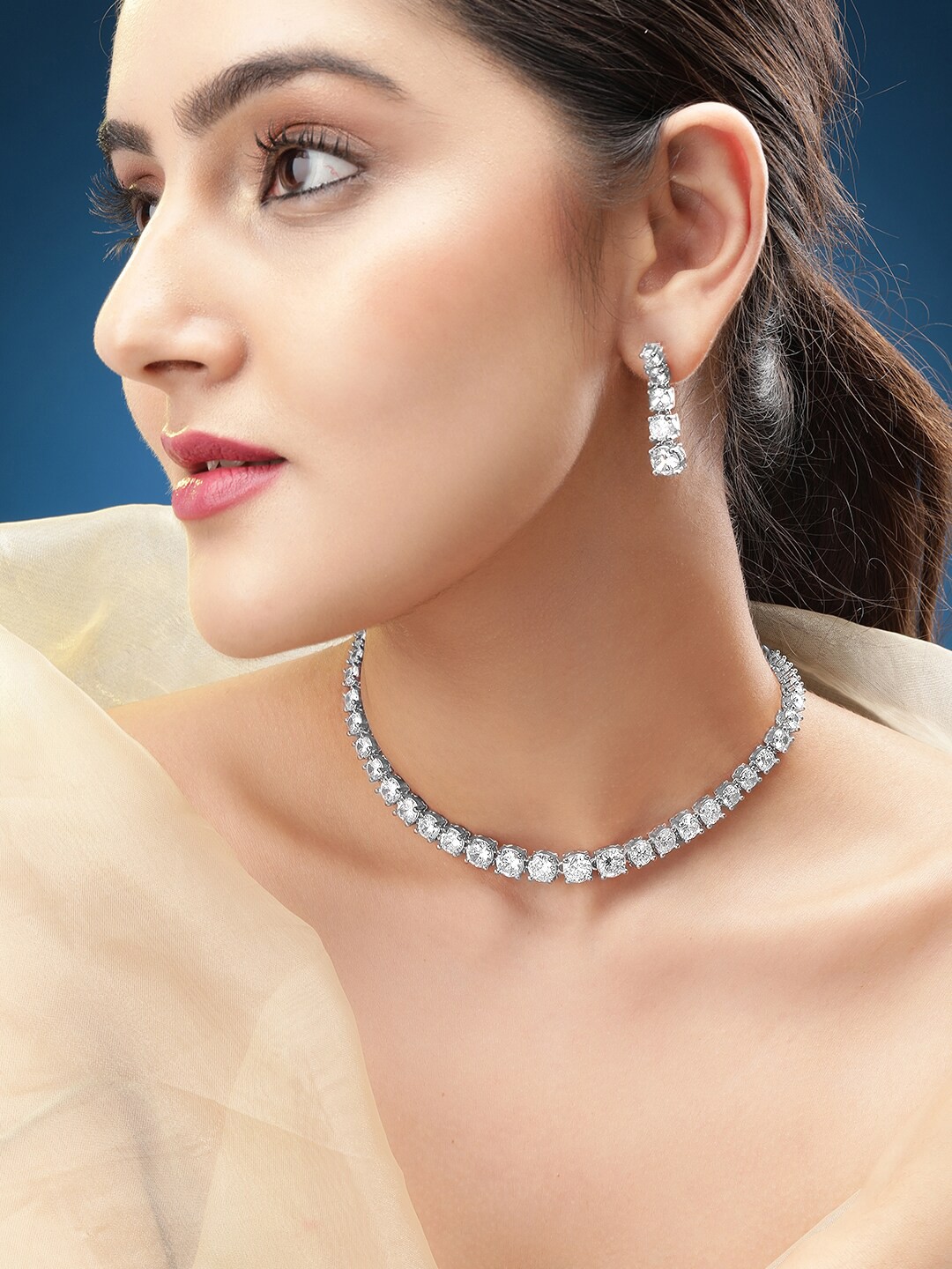 

Rubans Rhodium-Plated White Cubic Zirconia Studded Tennis Necklace