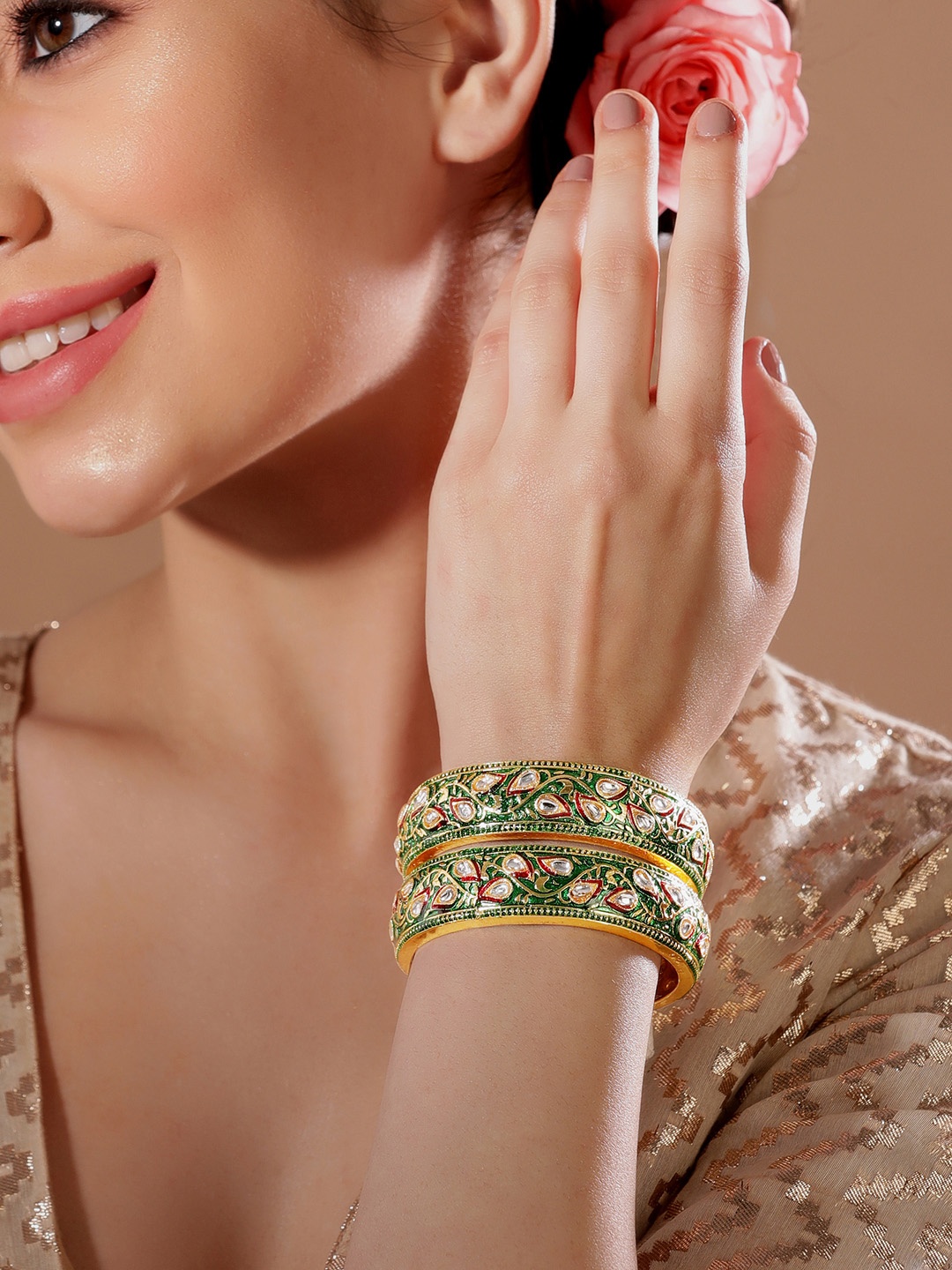 

Rubans Set Of 2 24K Gold-Plated Kundan-Studded Bangles, Green