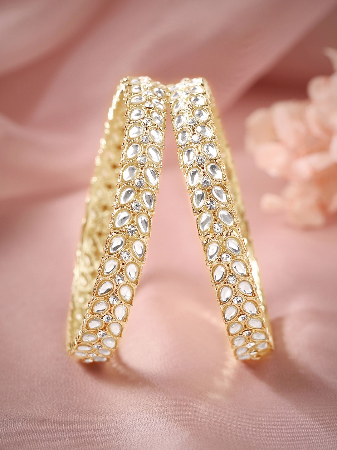 

Rubans Set Of 2 24K Gold-Plated Kundan-Studded Bangles, White