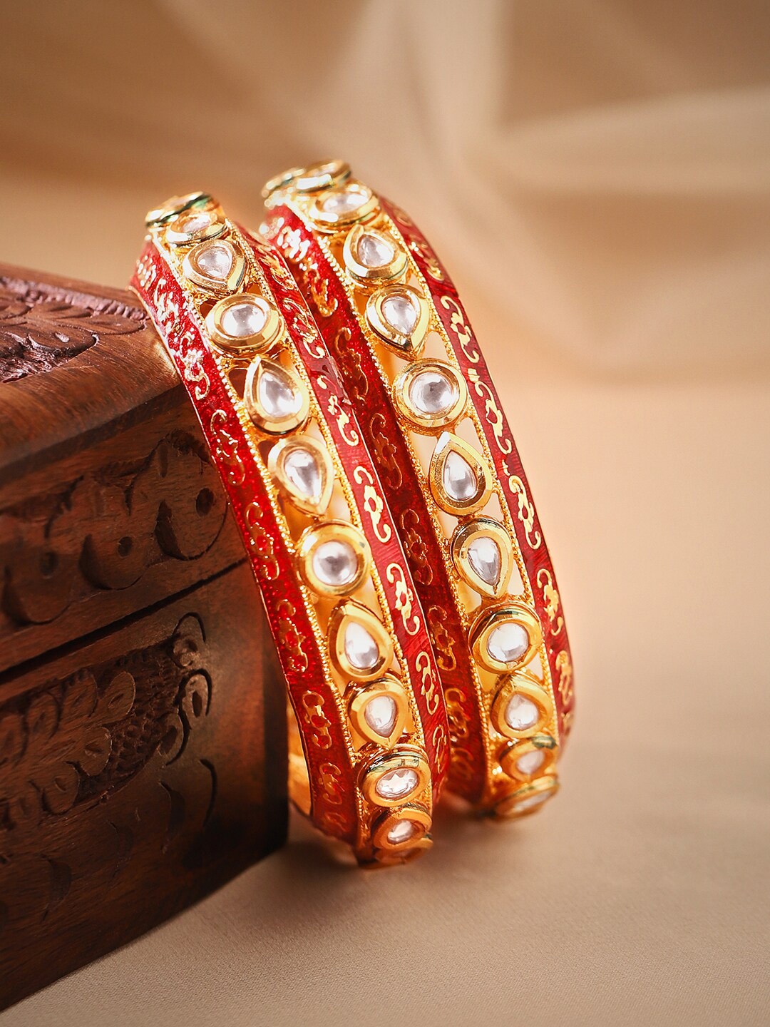 

Rubans Set Of 2 24K Gold-Plated Kundan-Studded Bangles, Red