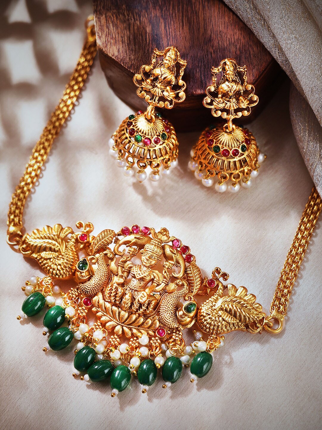 

Rubans Gold-Plated Stone-Studded & Pearl Beaded Temple Jewellery Set, Pink