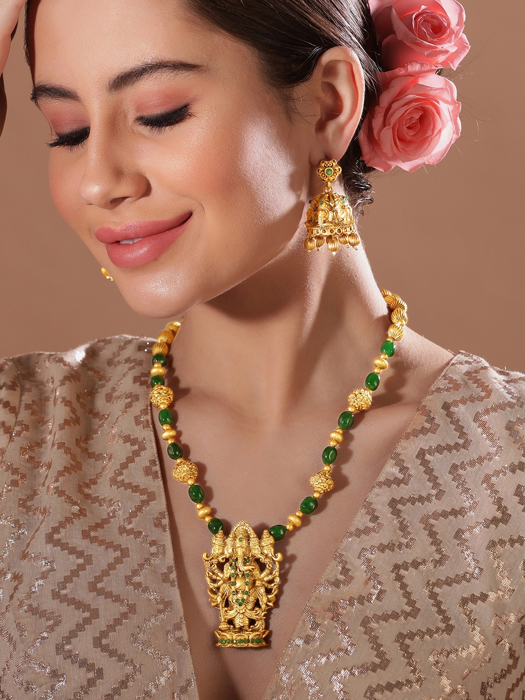 

Rubans 24K Gold-Plated CZ-Studded Temple Motif Designed Jewellery Set, Green