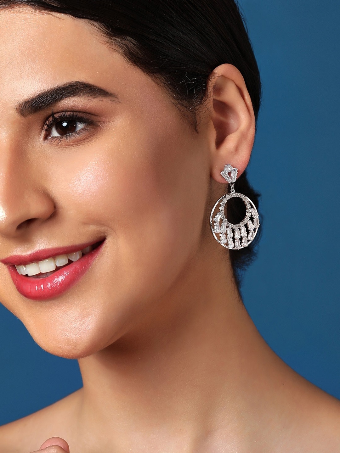 

Rubans Silver-Plated Geometric American Diamond Geometric Chandbalis Earrings