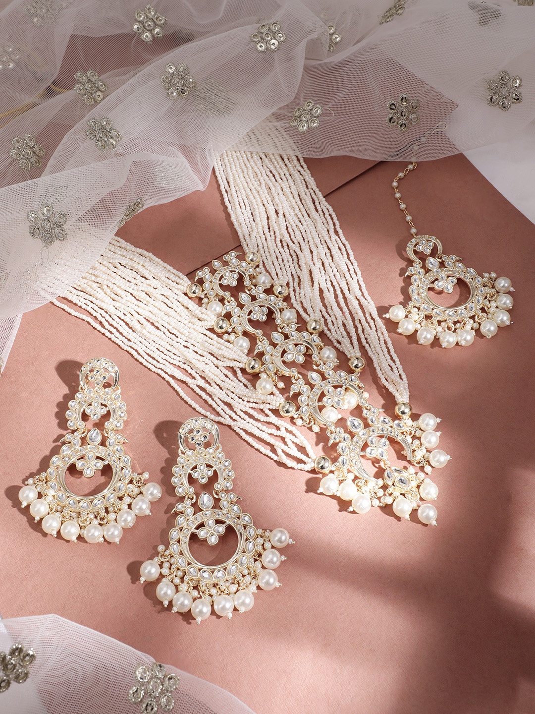 

Rubans 24K Gold-Plated Kundan-Studded Pearls Jewellery Set, White