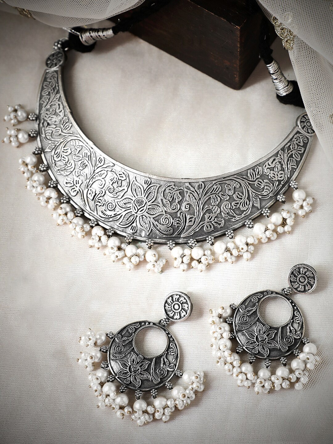 

Rubans Silver Plated Oxidised Necklace Set With Carved Design And Pearls, White