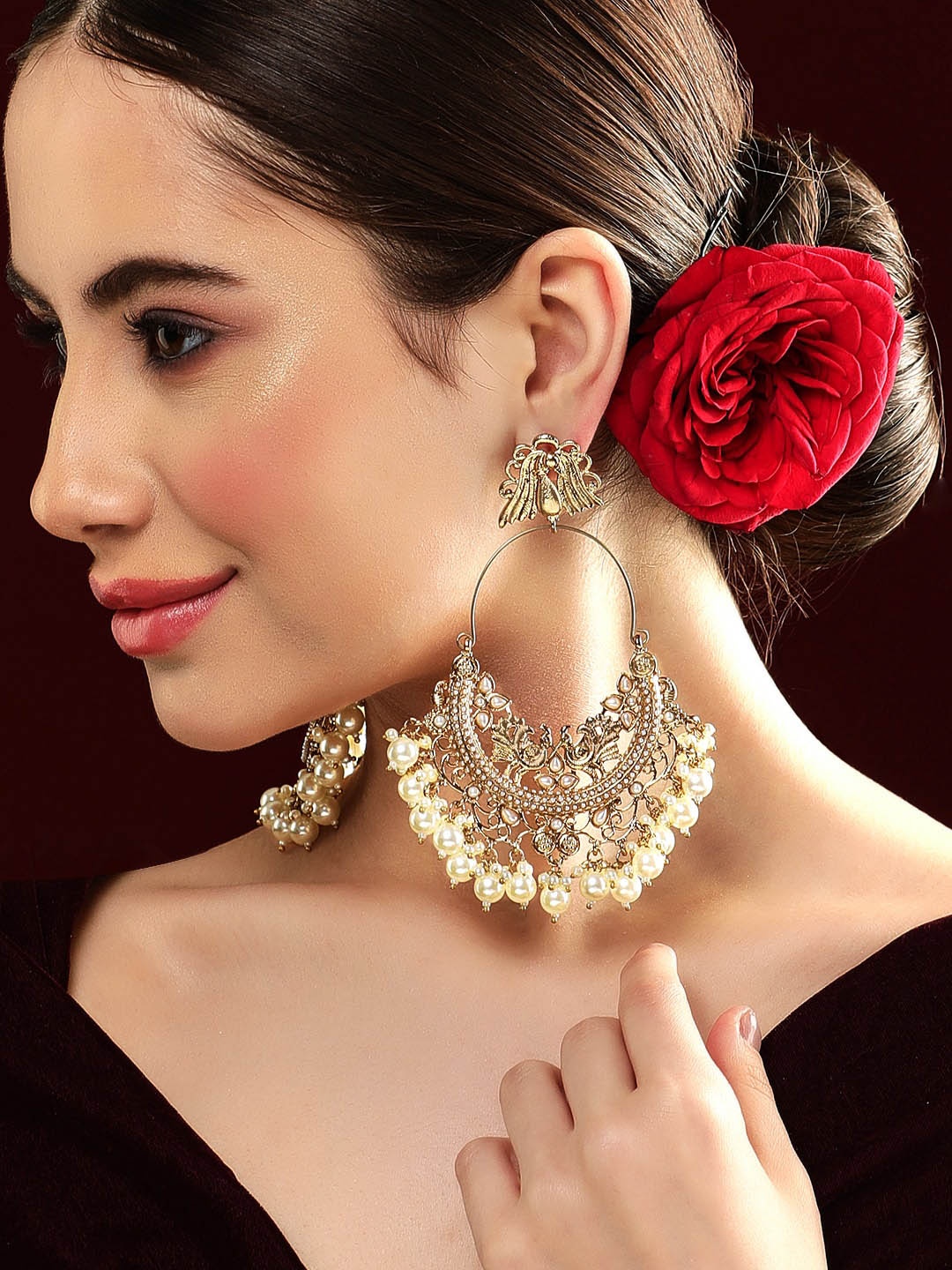 

Rubans Gold-Plated Peacock Shaped Pearls Chandbalis Earrings