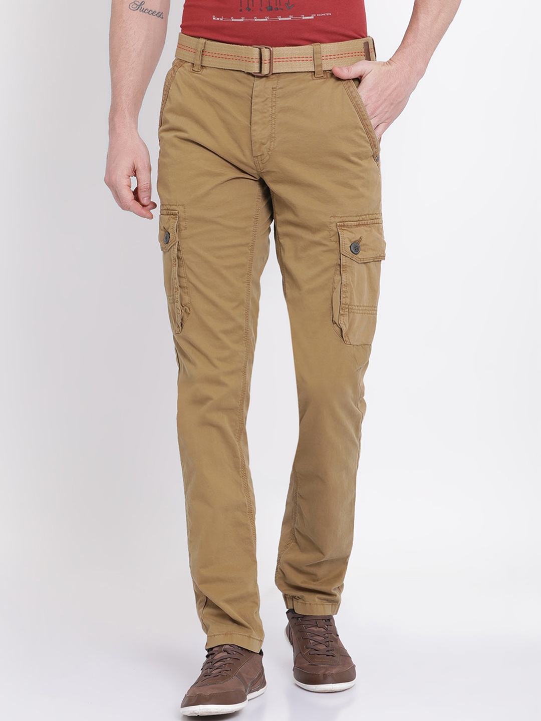 

t-base Men Cotton Easy Wash Cargos Trousers With Belt, Khaki