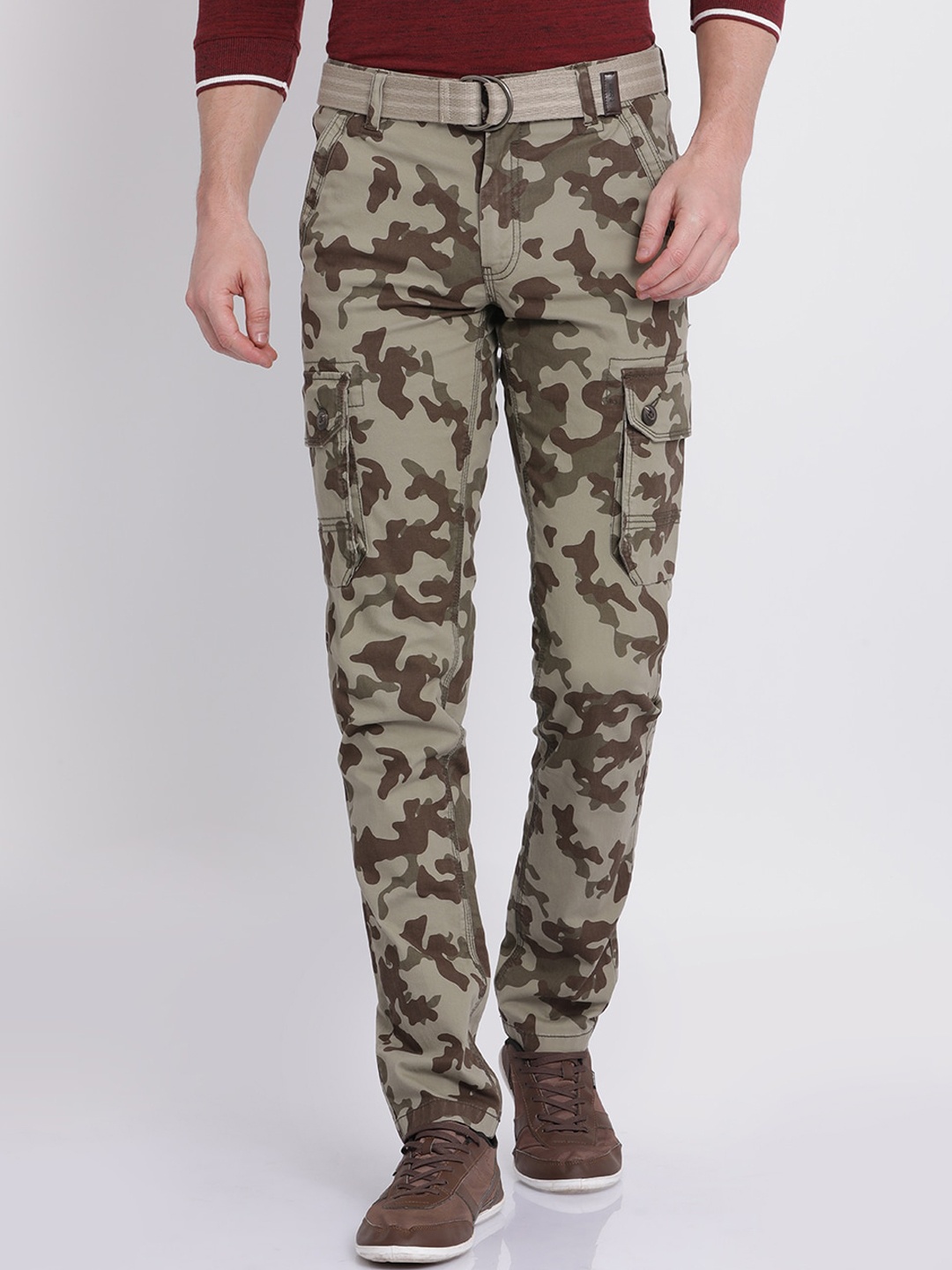 

t-base Men Camouflage Printed Cotton Lycra Easy Wash Mid-Rise Cargos Trousers With Belt, Olive