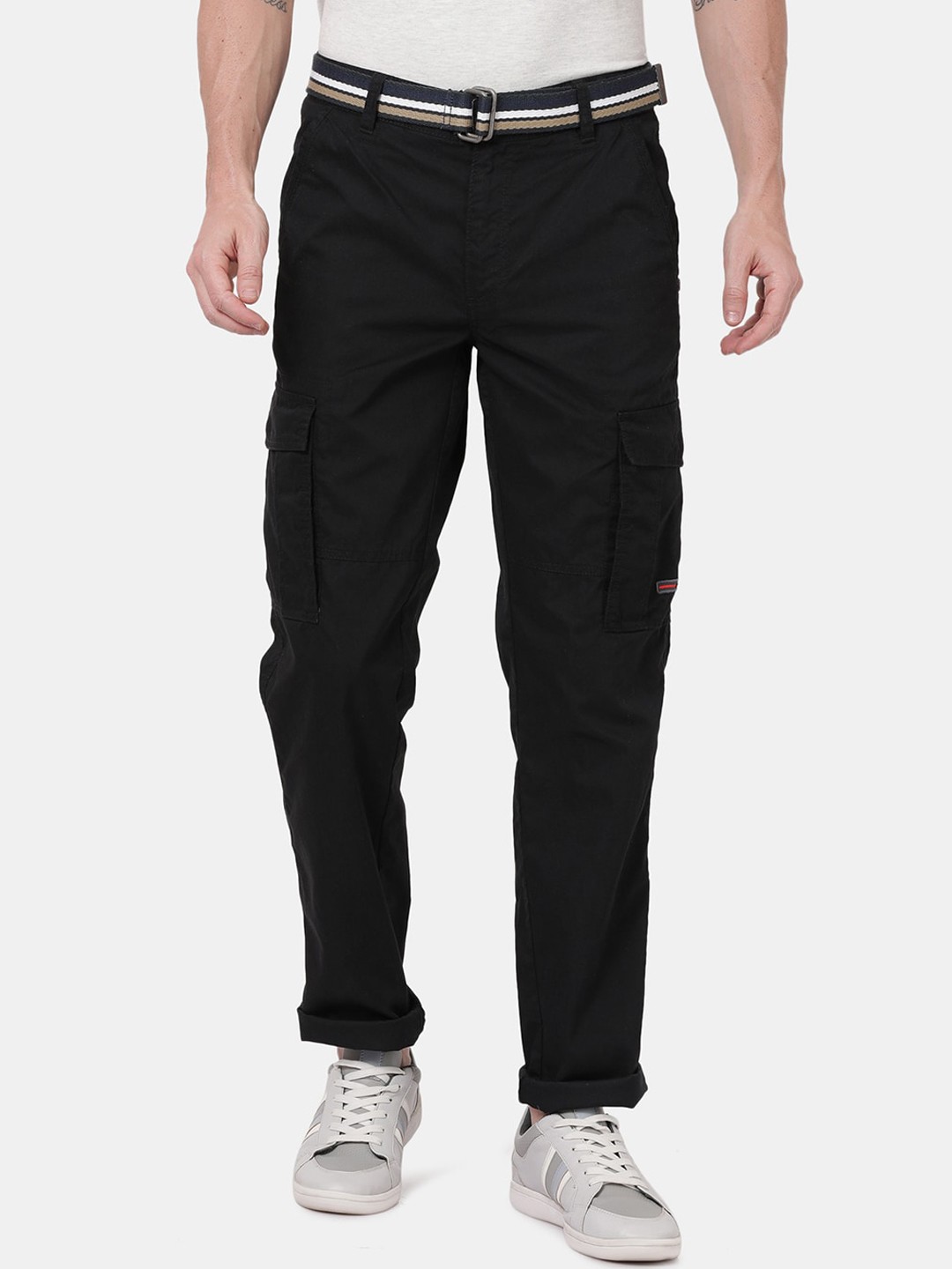

t-base Men Cotton Easy Wash Mid-Rise Regular Fit Cargos Trousers, Black