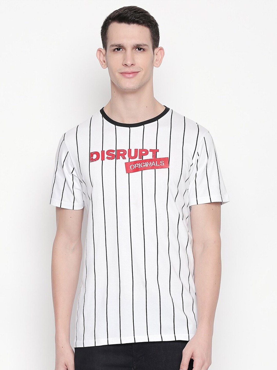 

Disrupt Striped Round Neck Cotton Bio Finish T-shirt, White