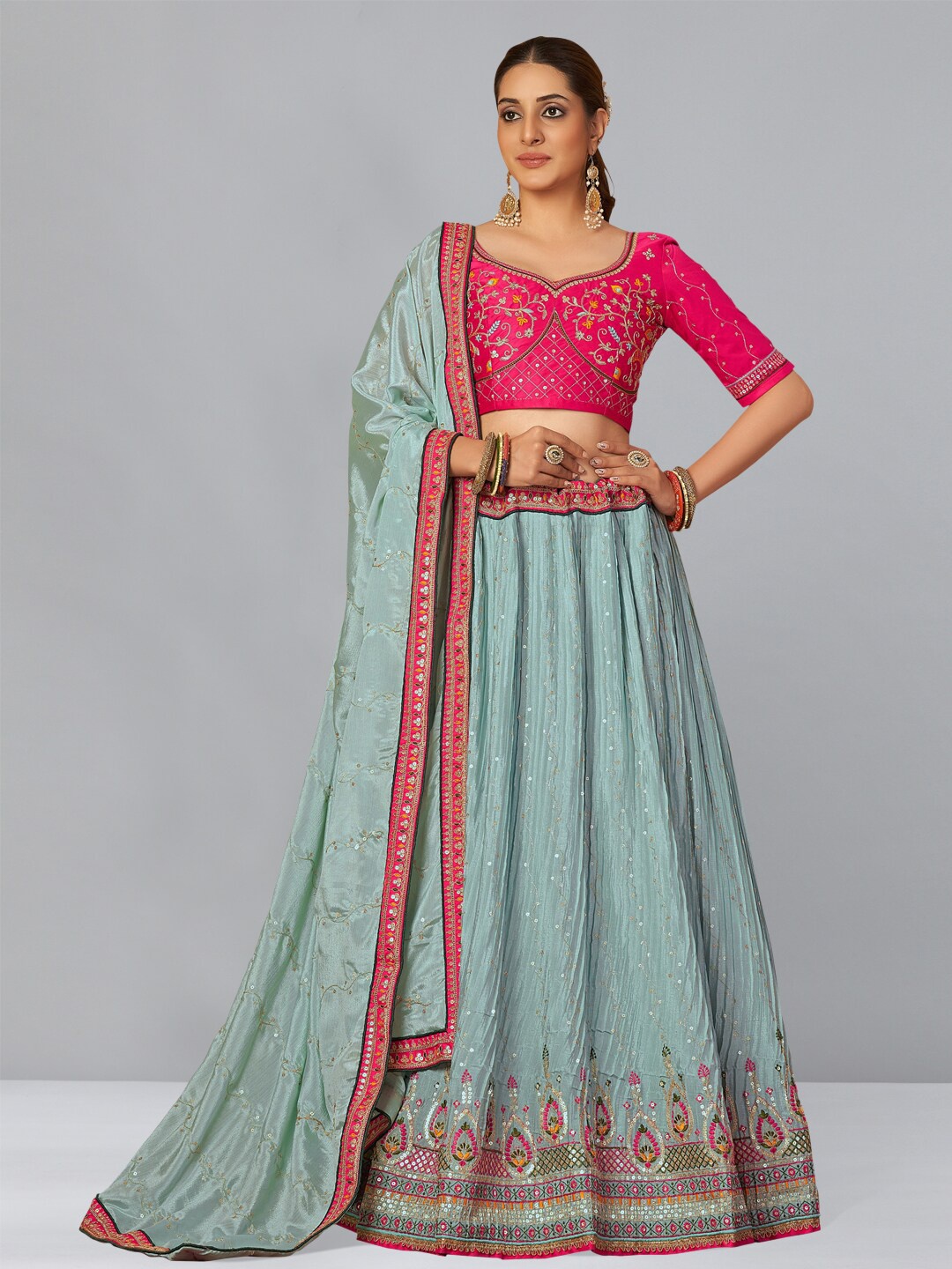 

Kvsfab Embroidered Sequinned Semi-Stitched Lehenga & Unstitched Blouse With Dupatta, Turquoise blue