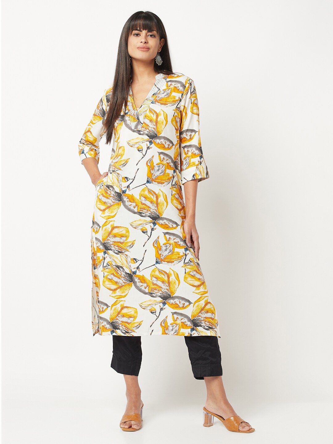 

BARARA ETHNIC Band Collar Floral Printed Kurta, Yellow
