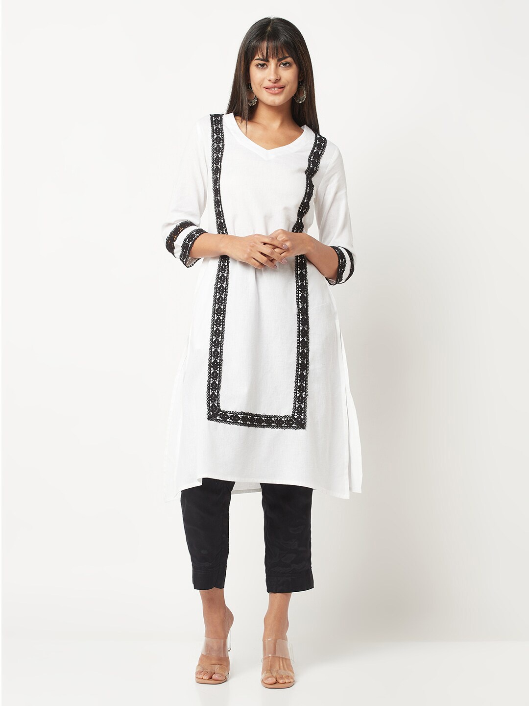 

BARARA ETHNIC Lace Inserted Straight A-line Kurta, White