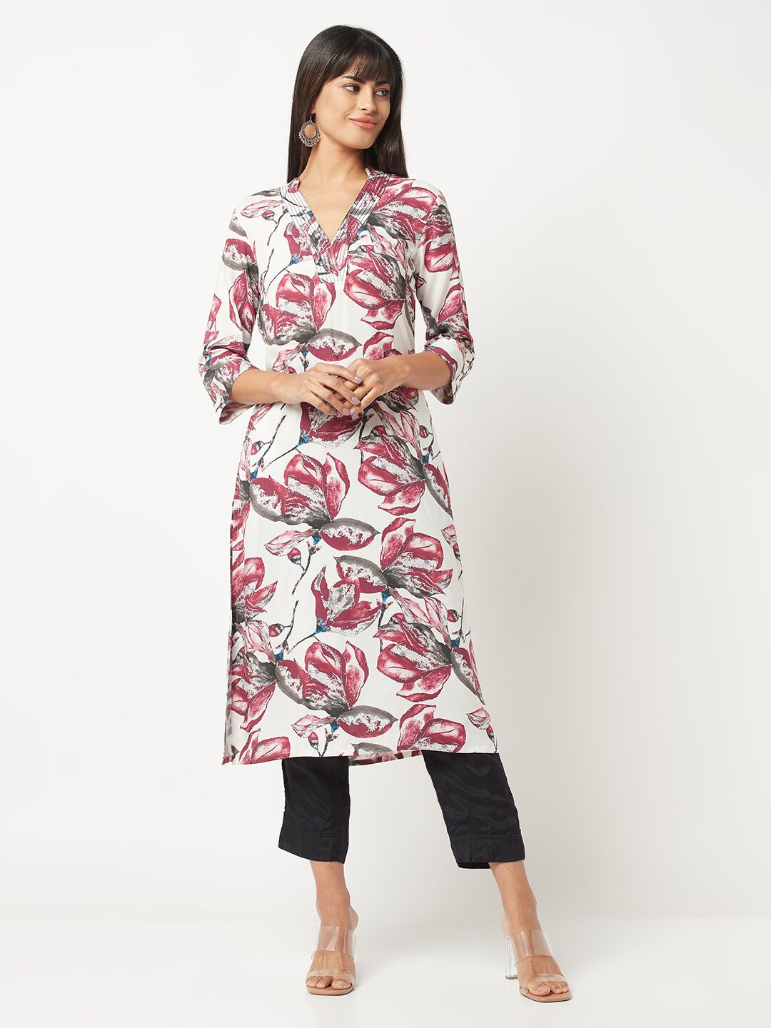 

BARARA ETHNIC V-Neck Floral Printed Straight Kurta, White