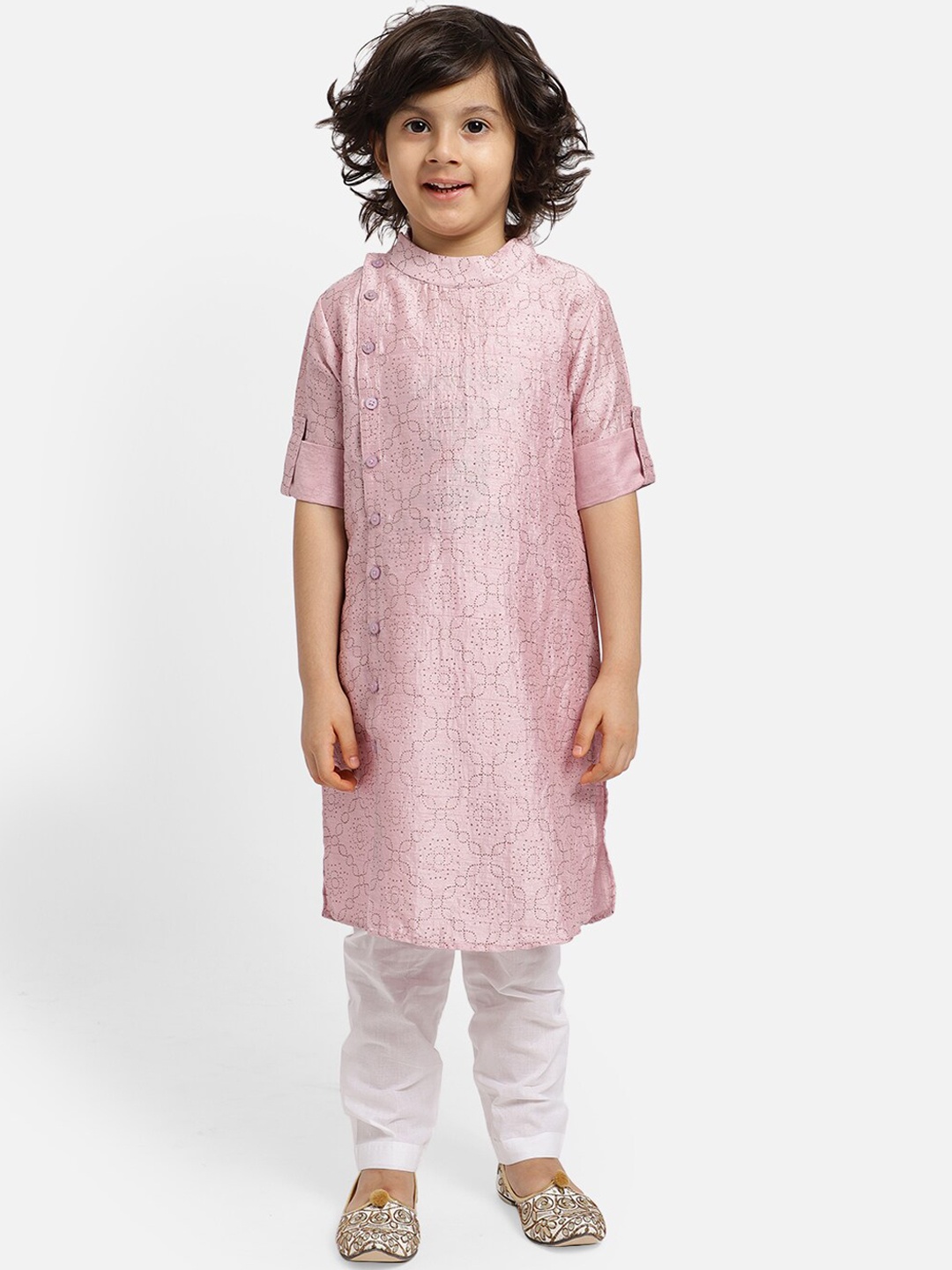 

PICCOLO Boys Roll-Up Sleeves Ethnic Motifs Self Design Stone Works Kurta with Pyjamas, Pink