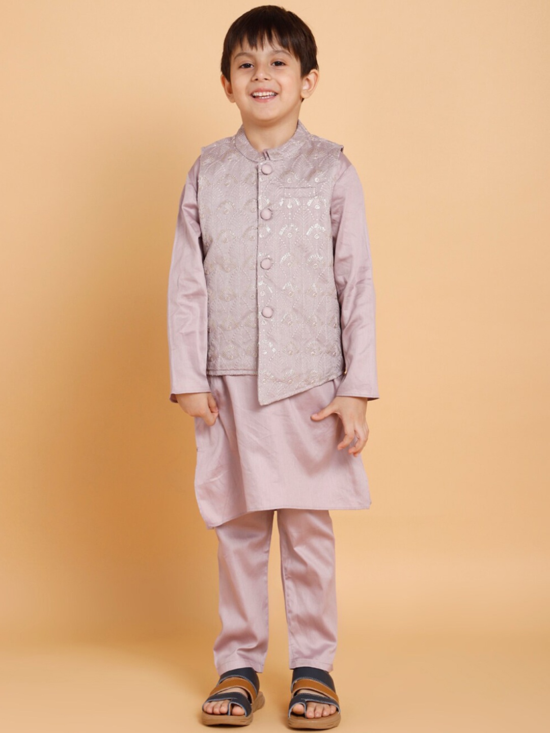 

PICCOLO Boys Mandarin Collar Pure Cotton Kurta with Pyjamas & Nehru Jacket, Lavender