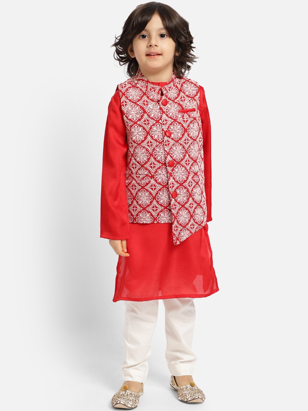 

PICCOLO Boys Mandarin Collar Kurta with Pyjamas With Embroidered Waist Coat, Red