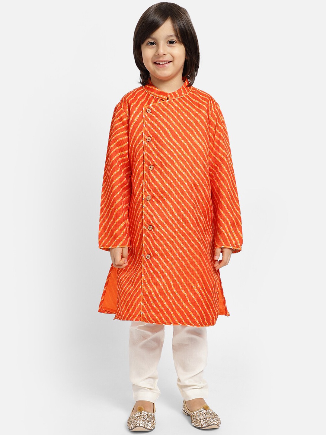 

PICCOLO Boys Leheriya Printed Angrakha Kurta with Pyjamas, Orange