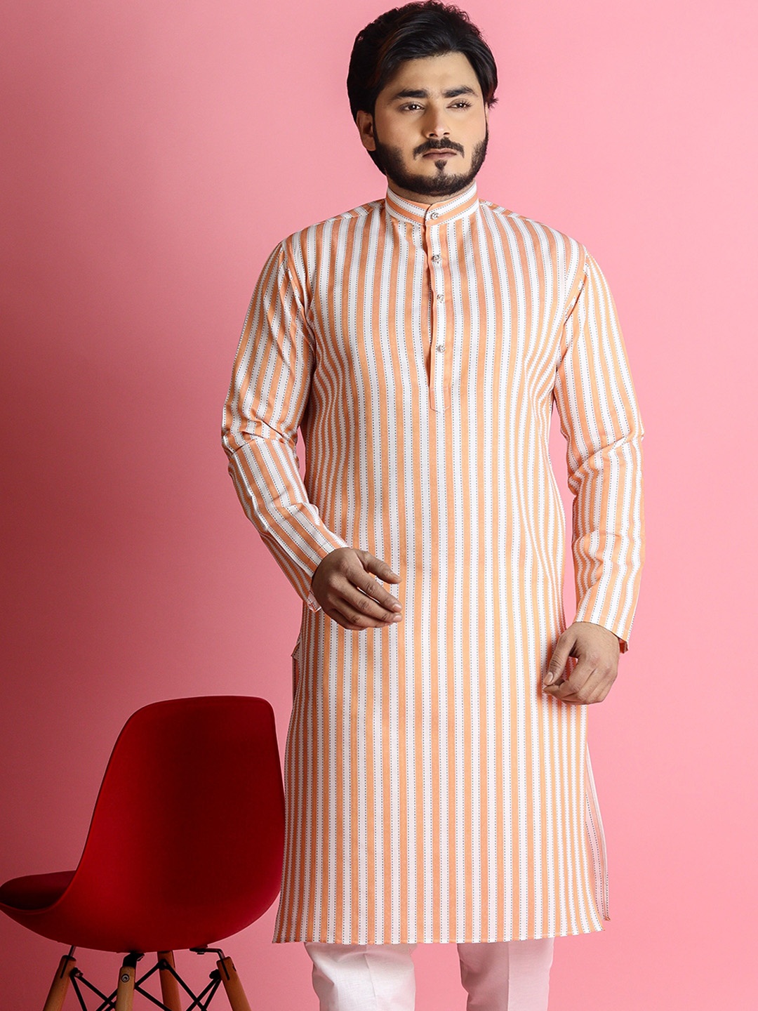 

Tibra Collection Striped Mandarin Collar Cotton Kurta, Orange