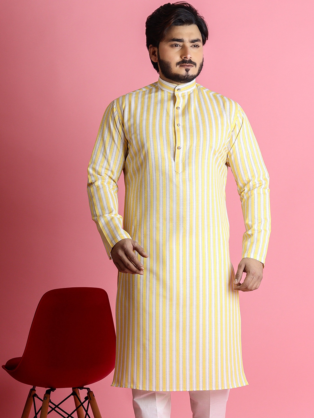 

Tibra Collection Striped Mandarin Collar Cotton Kurta, Yellow