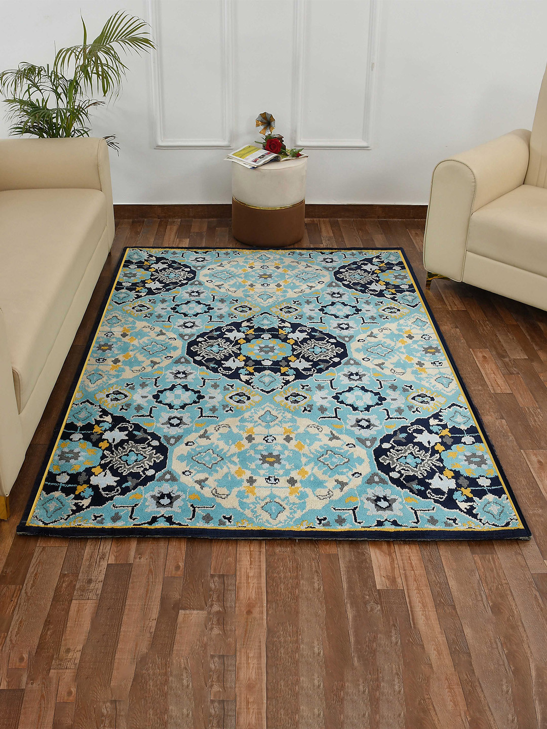 

PRESTO Blue & Yellow Ethnic Motifs Printed No Shredding Rectangular Carpet