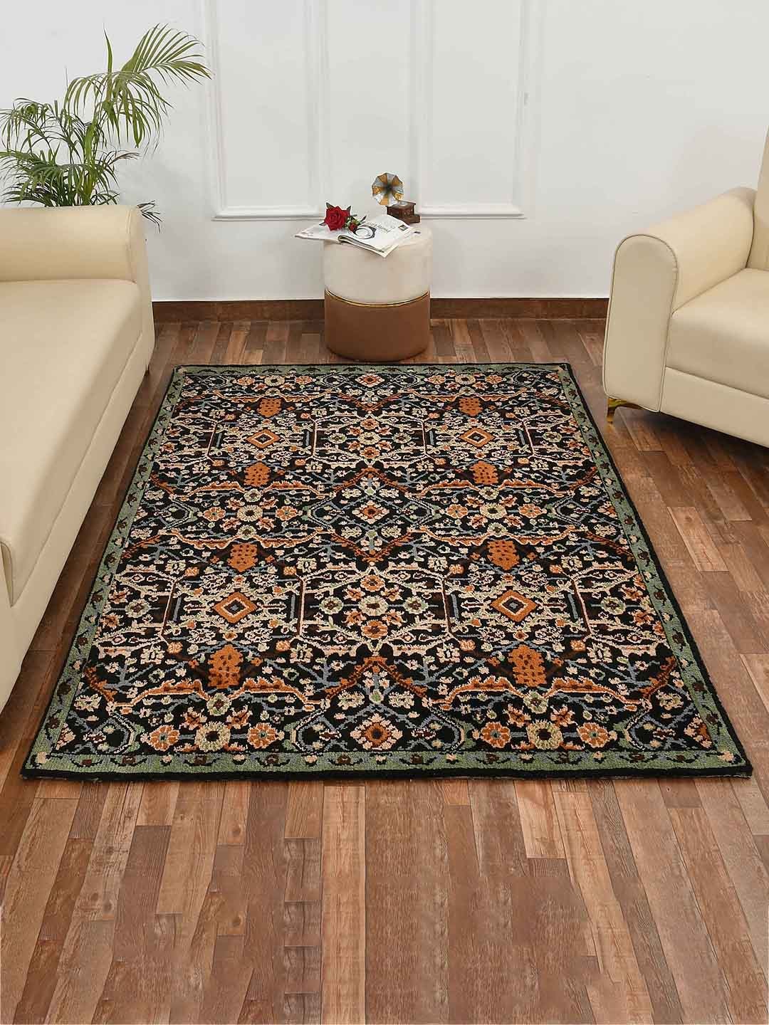

PRESTO Black & Gold-Toned Ethnic Motif Traditional Printed No-Shred Carpet