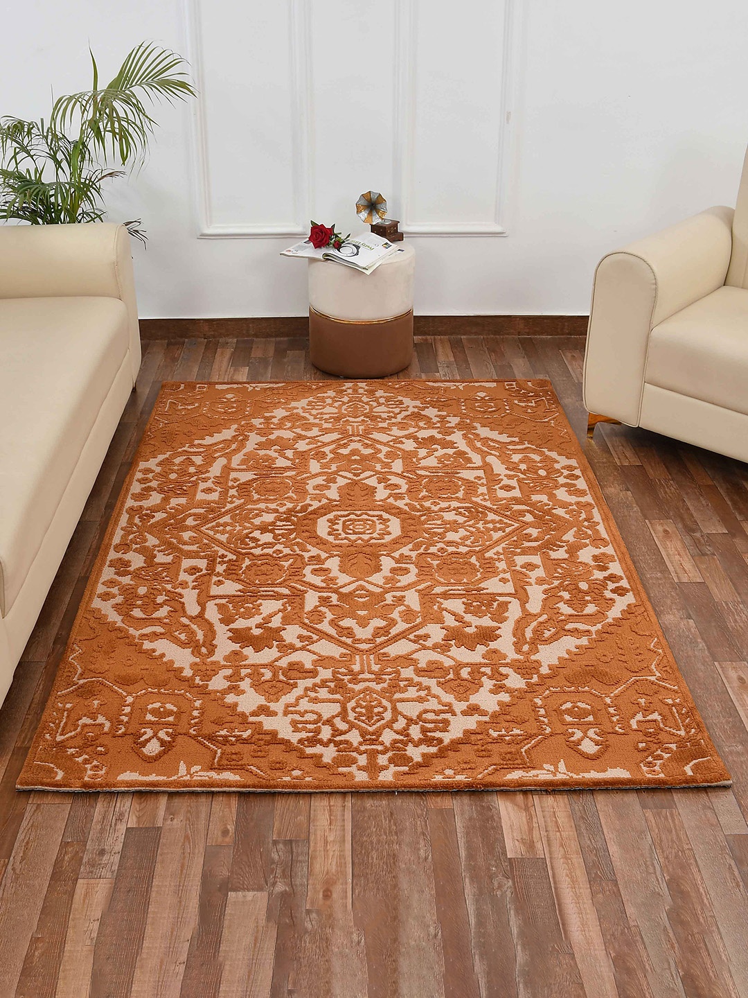 

PRESTO Gold Toned & Beige Ethnic Motif Printed No-Shred Carpet